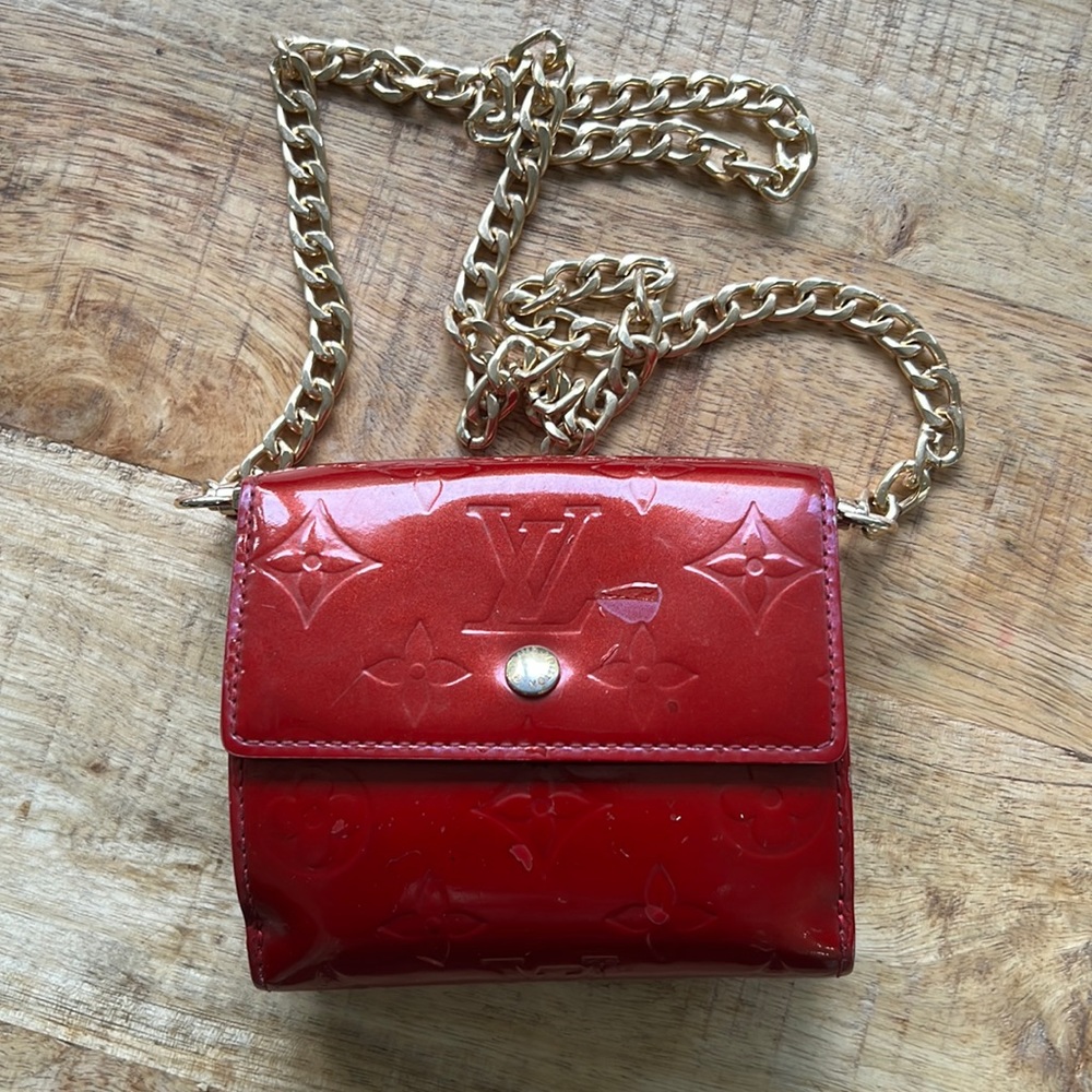 Louis Vuitton Vintage Vernis Double Flap Red Leather Wallet with Chain & Insert